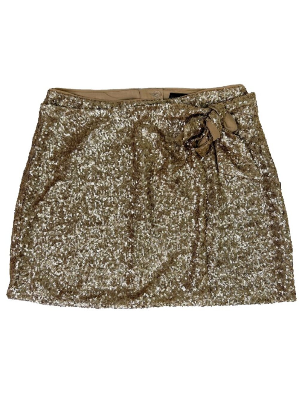 NWT House of Harlow Champagne Gold Sequin Wrap Mini Skirt Bow Tie Party sz M L